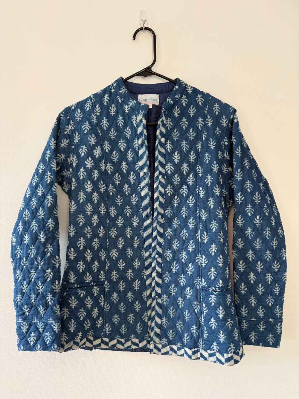 Charlotte Kellogg Blue Floral Block Print Quilted Open Front Jacket Size XS